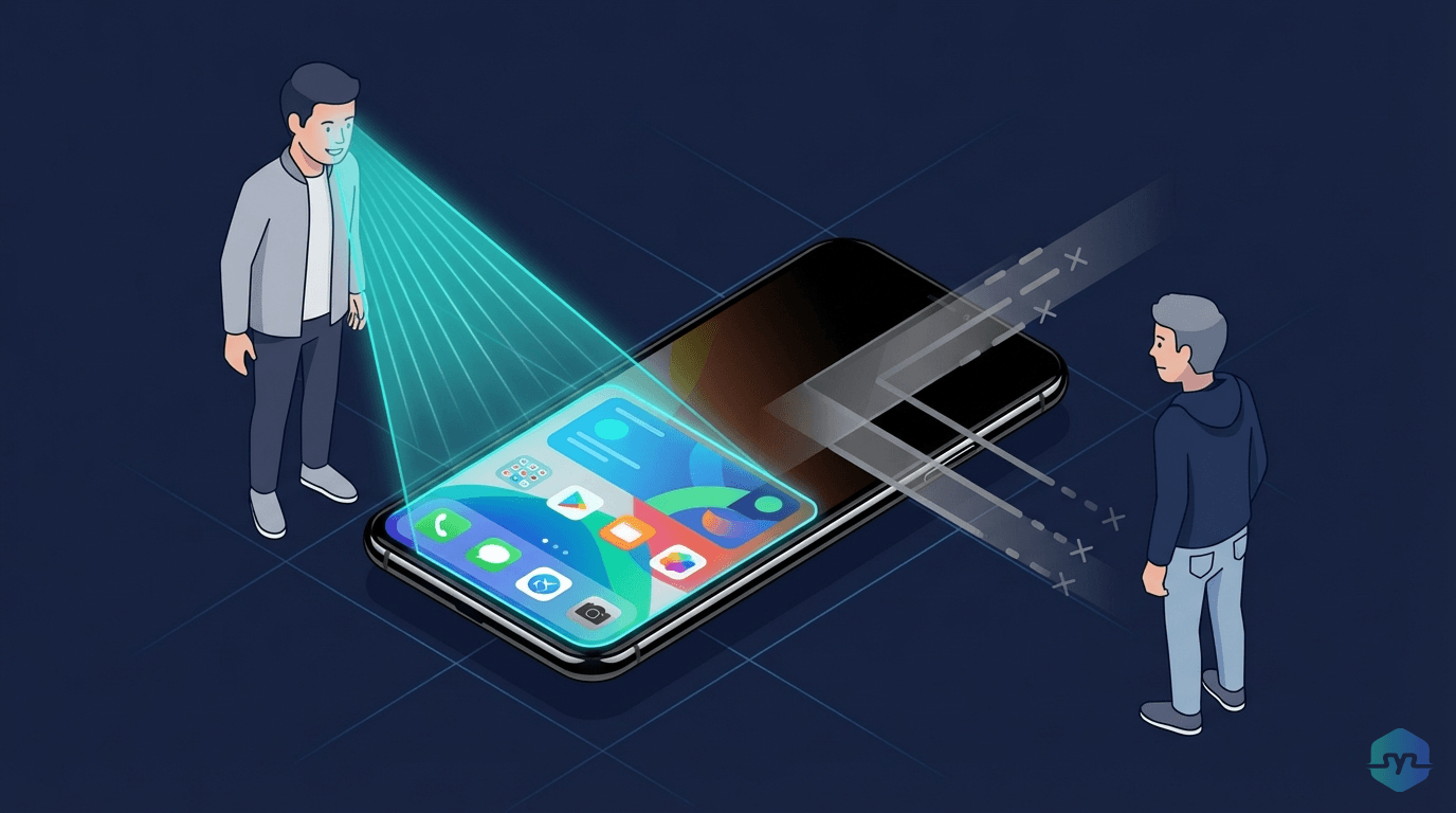 Galaxy S26 Ultra Privacy Display technology — the person facing the screen sees it clearly while someone viewing from the side sees only a darkened display