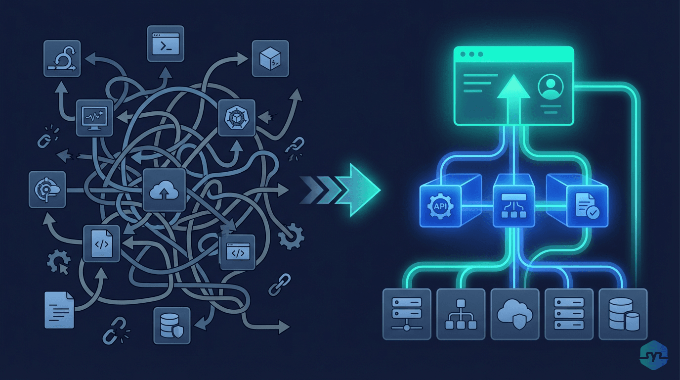 DevOps karmaşıklığından platform engineering düzenine geçişi gösteren karşılaştırma