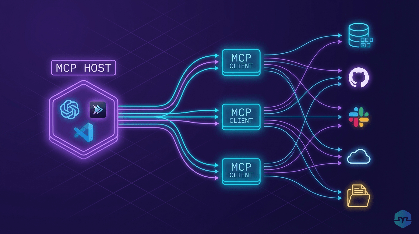 MCP'nin Host, Client ve Server bileşenlerinden oluşan istemci-sunucu mimarisi